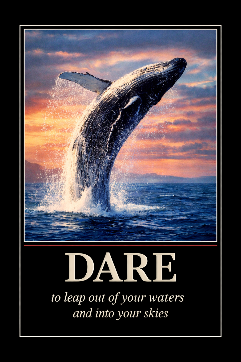 A motivational poster featuring a whale breaching at sunset with the word DARE — to leap out of your waters and into your skies